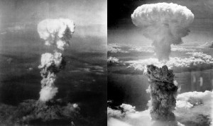 U.S. - initiated atomic bombs form mushroom clouds over Hiroshima (left) and Nagasaki (right) near the end of WWII.