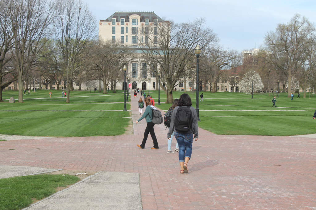 OSU students walk across Oval Beach on the morning of April 15.