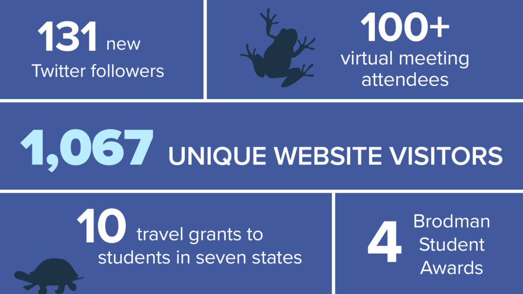 Graphic describing website visitors, meeting attendees, awards, grants and social media followers, of the Midwest Partners for Amphibian and Reptile Conservation.